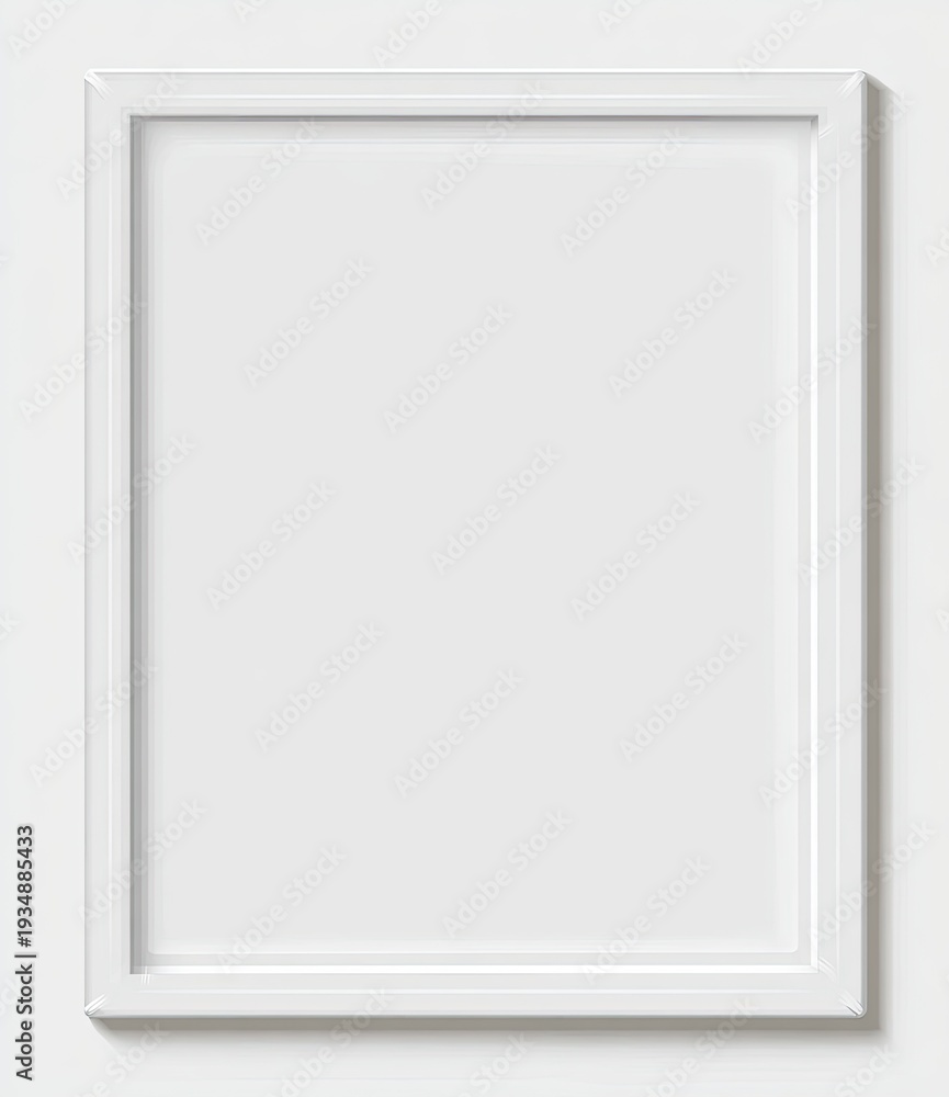 Fototapeta premium A blank white picture frame with a minimalist design, casting a soft shadow on a white background