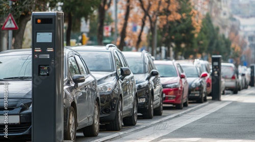 Cars are parked by a modern parking meter on a busy city street.