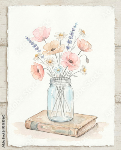 Watercolor bouquet of pink poppies and lavender in glass jar on vintage book for greeting cards, blog headers, stationery design, wedding invitations, home decor prints and educational illustrations