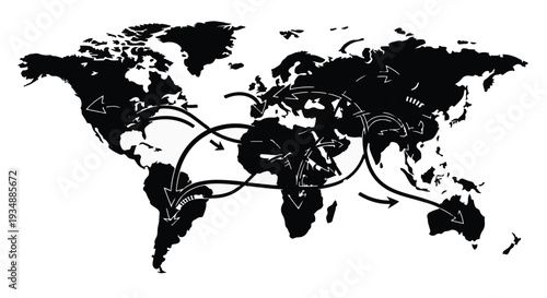 Global connections world map with black lines and white background illustrating international travel routes and transportation network