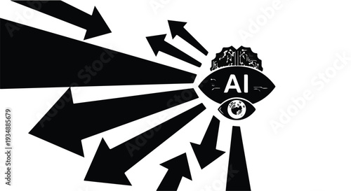 Artificial intelligence eye with arrows representing data flow and machine learning concept in modern black and white design