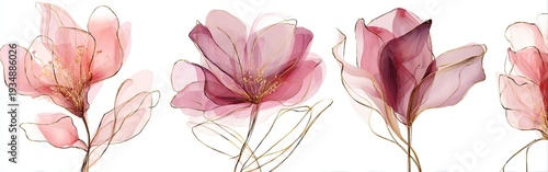 A delicate floral arrangement with four translucent, pink-toned flowers, outlined in gold