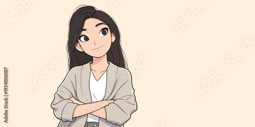 A young woman stands with her arms crossed and looks thoughtful. She has long hair and wears a light outfit. The background is plain and simple.