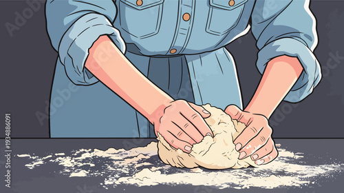 Hands are working the dough on a flat surface as someone prepares to bake. Flour is scattered around the area during the process.