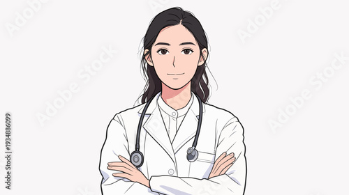 A medical worker stands confidently with arms crossed, wearing a white coat and a stethoscope around the neck.