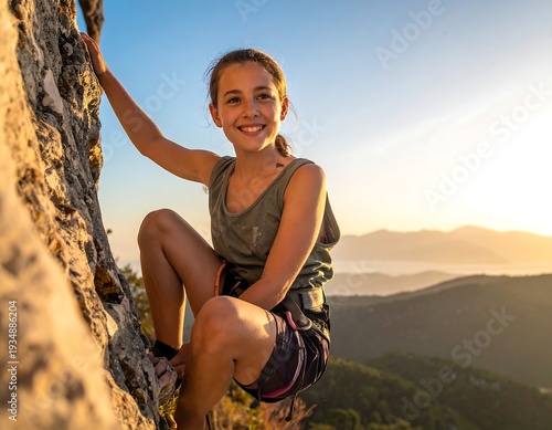 Smiling young climber ascends rock face during golden hour, with mountains in background