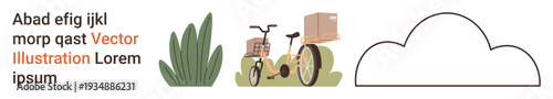 Eco-friendly transport, urban delivery, logistics, sustainability, cargo services, green business. A cargo bike with packages, grass and a cloud. Eco-friendly transport and urban delivery concept