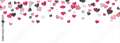 Scattered hearts in shades of pink, gray and black fall from the top against a white background