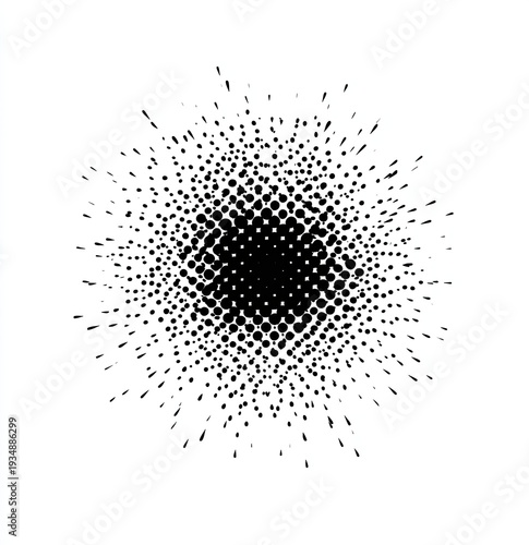 A black halftone circle radiating outwards with diminishing dots on a white background