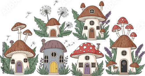 Whimsical Mushroom Fairy House Illustration Set Featuring Six Hand-Drawn Fantasy Dwellings with Lavender and Dandelion Accents