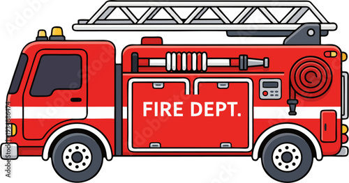 Red Fire Truck Cartoon Illustration, Fire Department Emergency Vehicle with Ladder and Hose