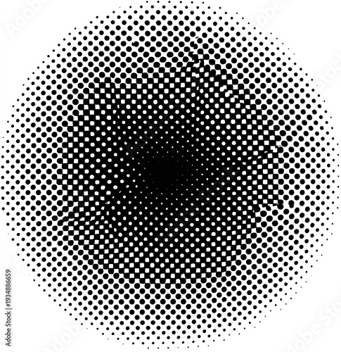 A grayscale halftone circle with varying dot density, from white to solid black