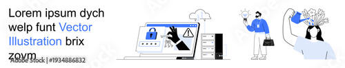 Cybersecurity, data breaches, online safety, digital identity, technology, cloud computing. A locked browser window and alert signs cybersecurity threats and online safety . Cybersecurity and data