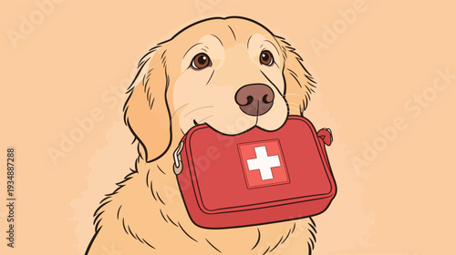 A dog holds a red first aid kit in its mouth, ready to assist with medical needs while out in the park on a sunny day.