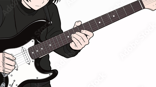 A person plays an electric guitar focusing on the strings and frets in a studio space during a music practice session.