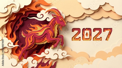2027 Chinese Zodiac Year of the Fire Goat Paper Cut Art Calendar for Lunar New Year, Layered Craft Illustration, Auspicious Celebration Design, and Cultural Blogs