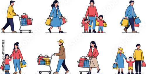Modern Family and Individual Shopping Character Set Featuring Flat Design People with Shopping Carts and Bags for Retail Marketing