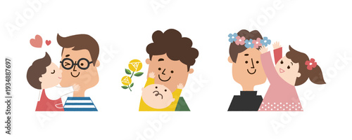 笑顔の父親と子供のイラスト素材セット