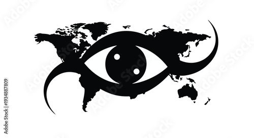 Global surveillance eye watching world map silhouette black and white illustration for freedom security concept