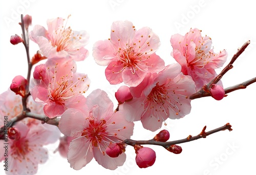 Close-up of delicate pink blossoms on branches against a stark white backdrop