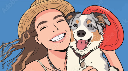 A woman smiles widely while holding her dog and a frisbee. They are in a bright setting. Both look happy and full of energy.