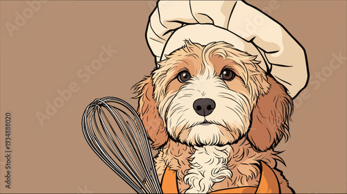 A dog dressed as a chef stands ready to cook with a whisk in its paw, showcasing a fun kitchen scene during the day.