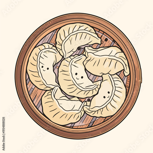 Dumplings are arranged in a bamboo steamer on a wooden table, ready to be served and enjoyed during a meal at home.