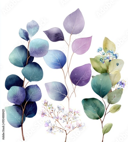 Watercolor sprigs of leaves and tiny flowers, in shades of blue, purple, and green