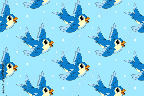 Cute Blue Bird Seamless Pattern