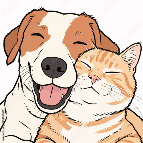 A dog and a cat are close together, both showing happiness. They enjoy the warm sunlight coming through a window.