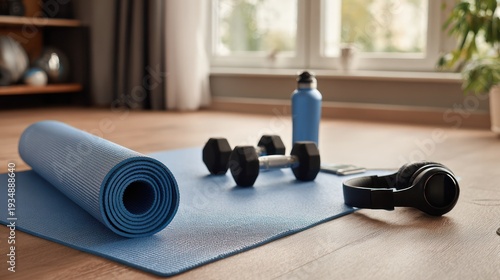 Blue Yoga Mat with Dumbbells Water Bottle and Headphones in Bright Home Gym