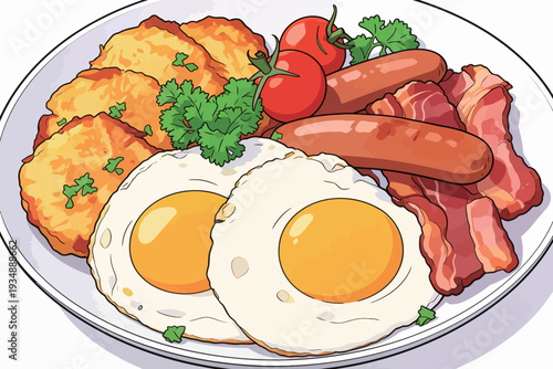A breakfast plate features two sunny side up eggs, sausages, crispy bacon, tomatoes, and potato cakes served on a round dish.