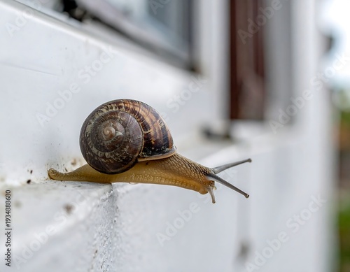 Snail crawls along white surface near window in shallow depth of field, focused on mollusk