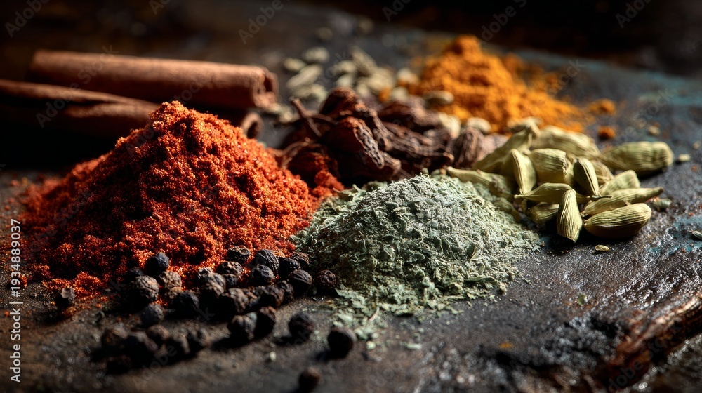 Fototapeta premium Spices, with their distinct smells, lay on a dark, textured surface.