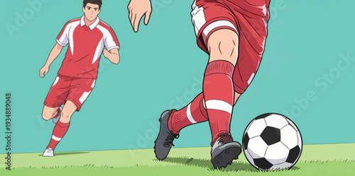 One player is dribbling the ball while another player runs on the field. They are focused on the game during a soccer match.