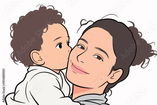 A mother holds her baby close, smiling as the baby gives her a gentle kiss on the cheek. They share a warm moment.