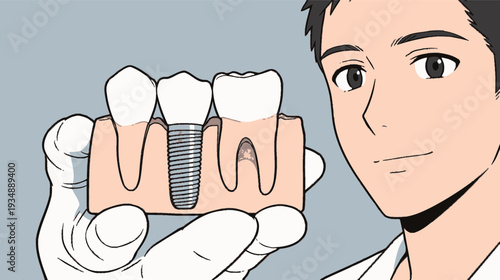 A man shows a dental implant model to explain its use during a dental procedure in a clinic setting.