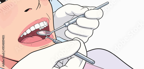 A patient sits in a dental chair while a dentist uses tools to examine and clean teeth during a routine visit.