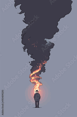 A person is standing alone as dark smoke and fire are seen rising behind them in the evening sky. The setting is unclear.
