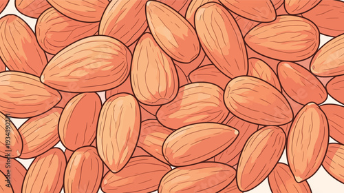Almonds are scattered on a flat surface showing their shape and texture. The focus is on their natural colors and details.