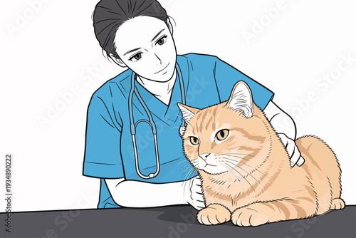 A person in scrubs examines an orange cat at a clinic. The cat is sitting on a table and appears calm during the checkup.