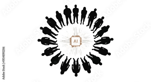 Artificial intelligence concept with diverse people standing in circle around AI logo, teamwork and collaboration in modern technology, innovative and futuristic