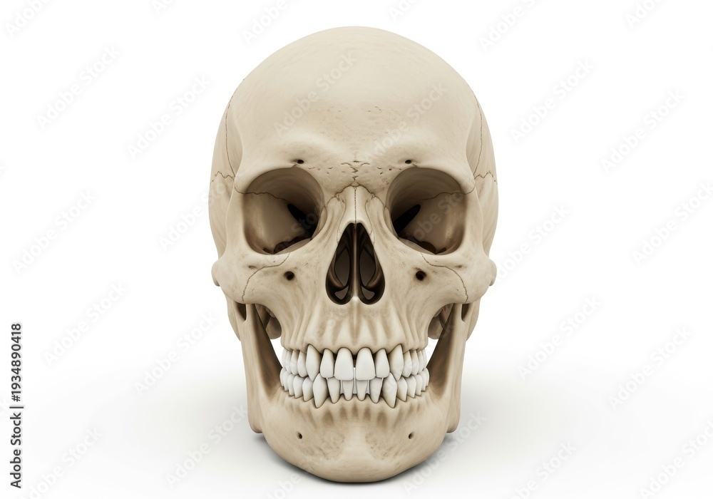 Fototapeta premium Detailed frontal view showcases the complex bone structure of a human cranium with visible teeth against a white background.
