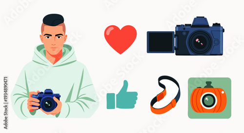 Male photographer holding a camera, with social media and video icons. Concept of content creation, digital lifestyle, and online sharing for vlogging.
