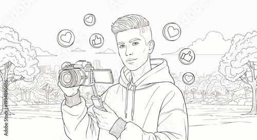 Young male vlogger holding a video camera with social media icons. Black and white line art illustration of a digital content creator, influencer, and youth culture concept.