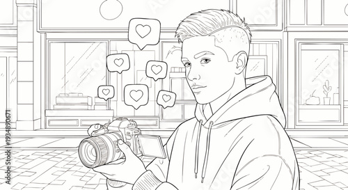 Young man with camera and social media likes, influencer lifestyle, urban street background, line art illustration