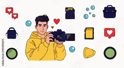 Young man with camera, surrounded by photography icons, social media likes, and memory cards, representing content creation and vlogging.