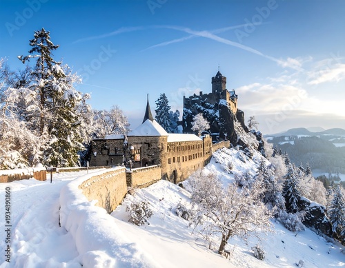 Snow-covered castle perched atop a wintery mountain, path leading to its entrance