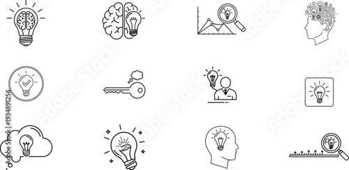 A collection of Brain Lightbulb, Creative Brain Idea,Idea Analysis Chart ,And Innovative Thinking Head, Approved Idea,Key to Success . Editable line icons. Vector illustration.