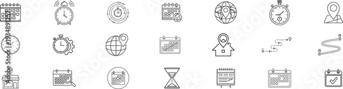 Collection of black and white architectural sketches  of various structures and designs. Editable line icons. Vector illustration.
